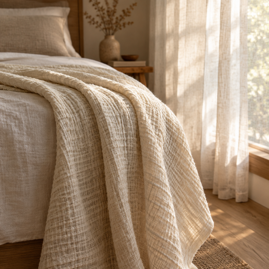 A cream layered muslin blanket draped over the corner of a bed beside a sunlit window.