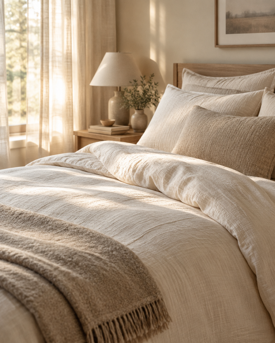 A beautifully made bed in cream muslin bedding with the top layer turned back, soft morning light.