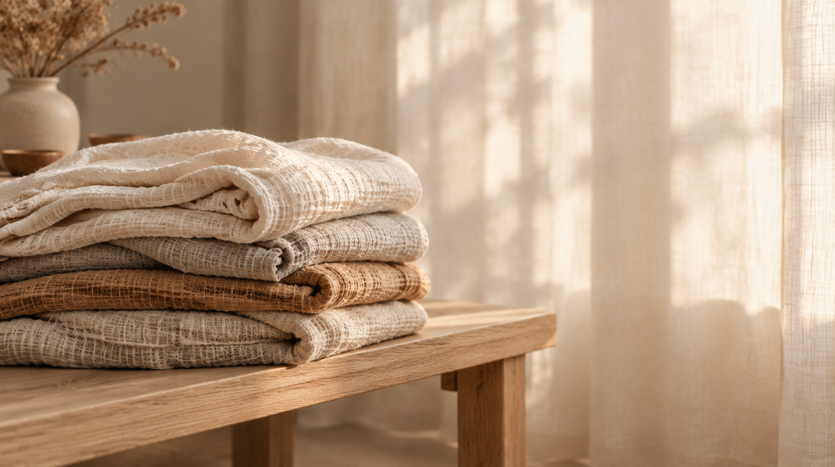 A stack of folded cream and oatmeal muslin blankets on a pale oak bench in warm afternoon light.