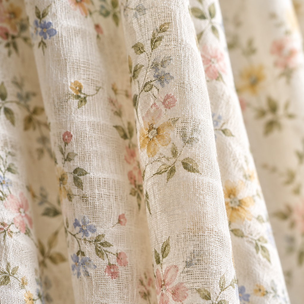 Close-up of the light floral-print muslin nightgown fabric