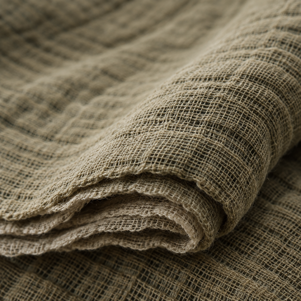 Close-up of the khaki layered muslin used for the all-season bathrobe