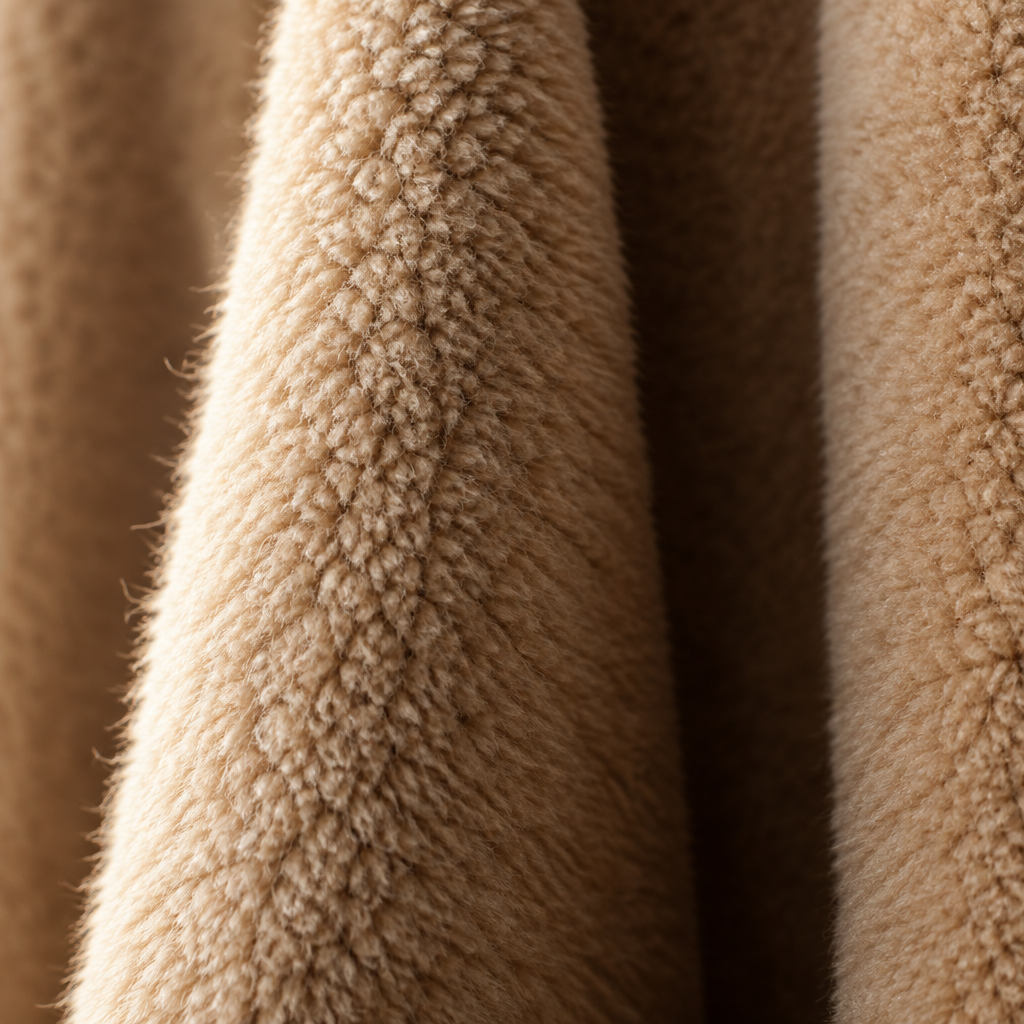 Close-up of the camel fleece held in a deep vertical drape