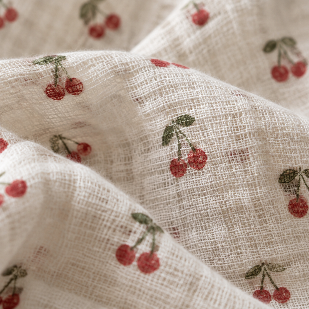 Close-up of the white cherry-motif muslin fabric