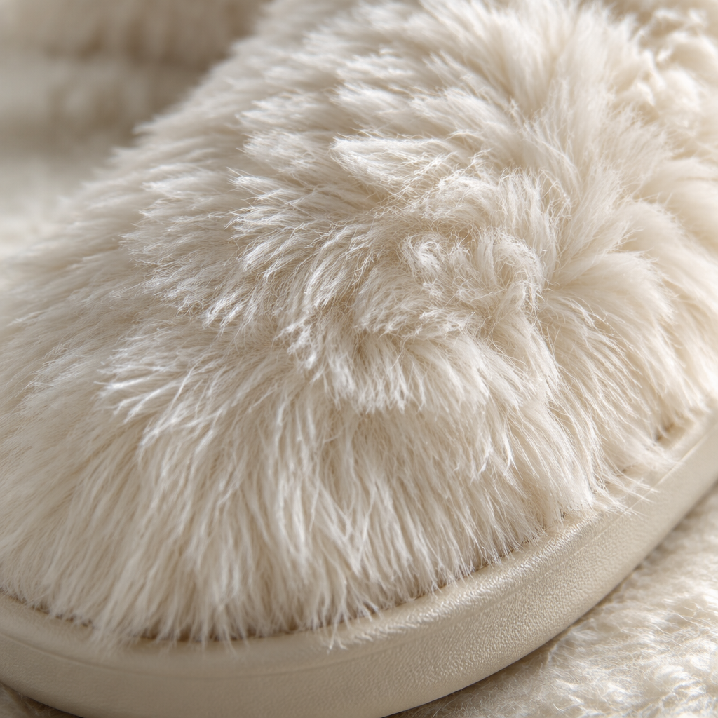 Close-up of the ivory fuzzy plush upper and sole of the slippers