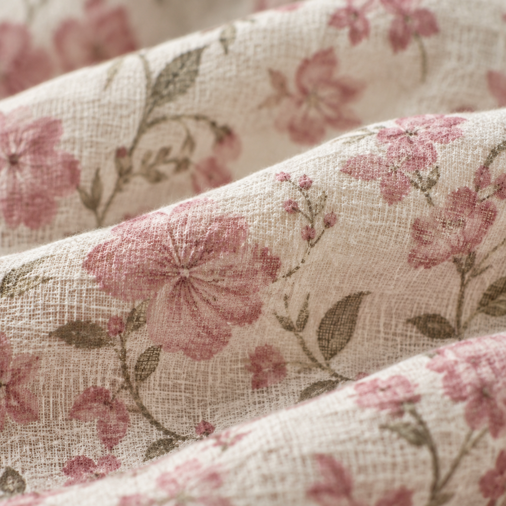 Close-up of the pink flora-print muslin fabric