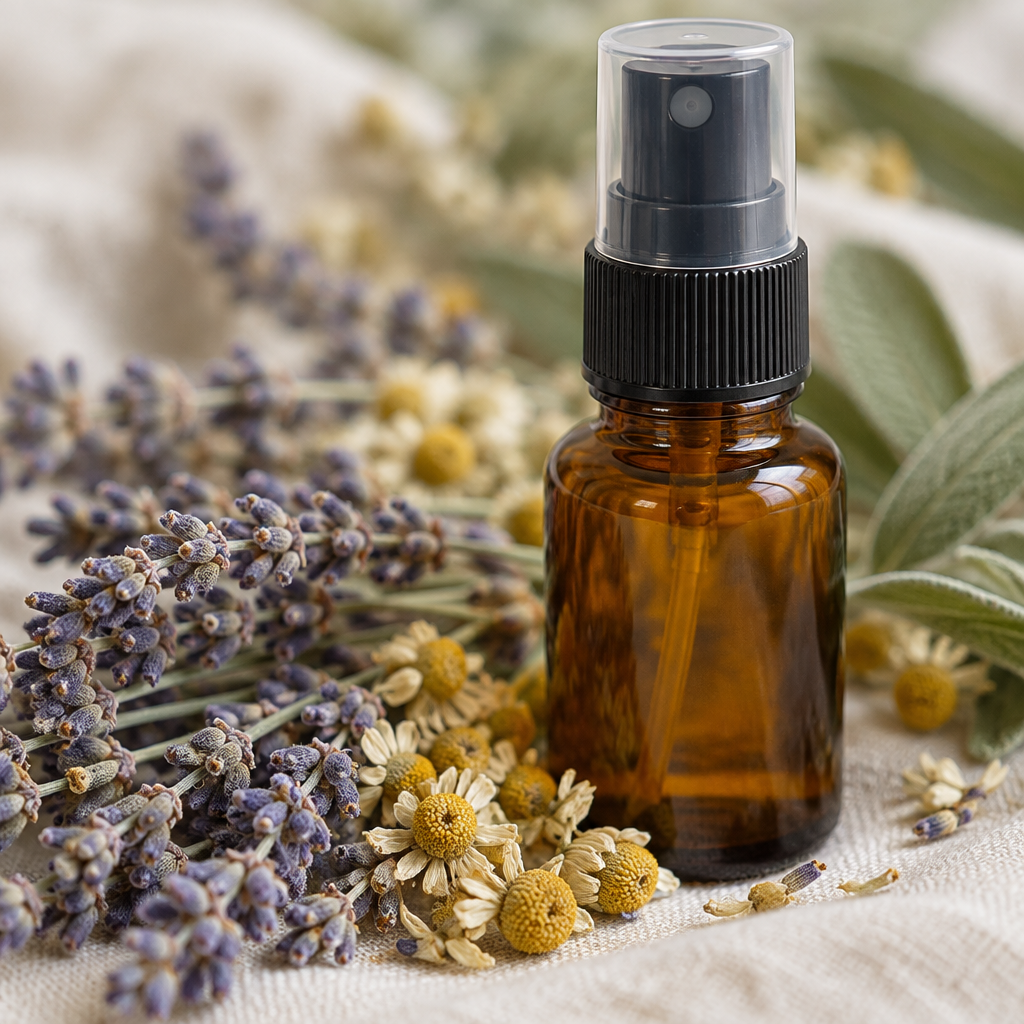 An amber glass spray bottle beside dried lavender and chamomile