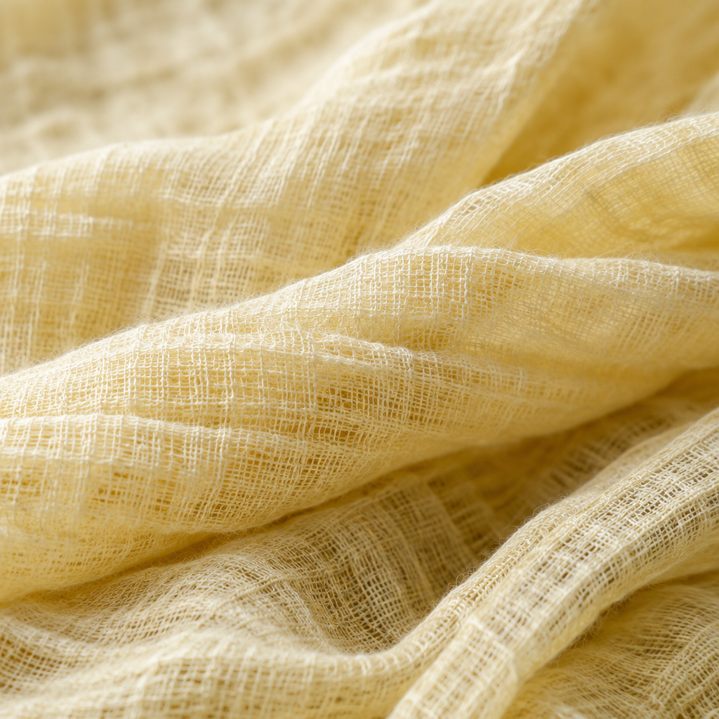 Close-up of the pale butter-yellow muslin fabric