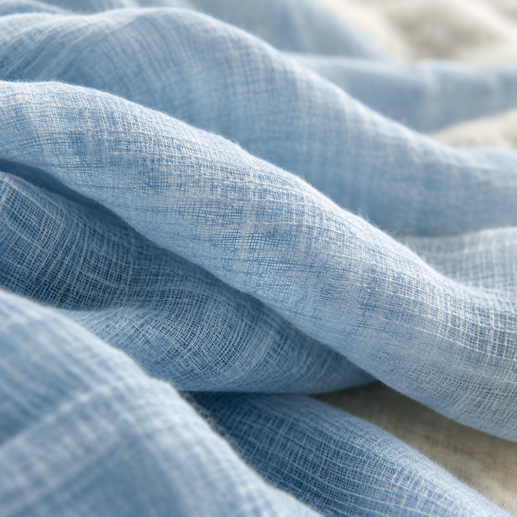 Close-up of the plain soft blue muslin fabric