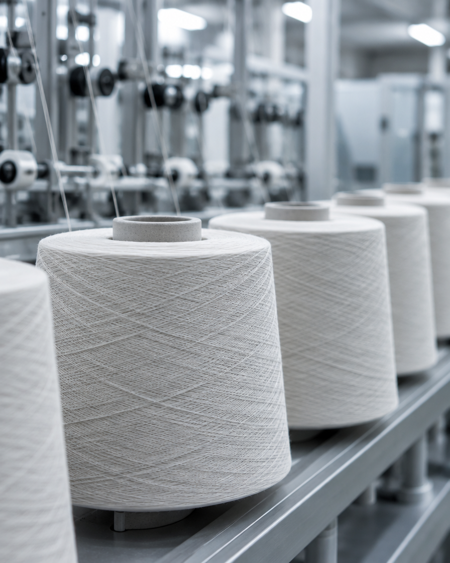 Close-up of fine pale technical yarn cones in a clean modern textile facility, cool neutral light.