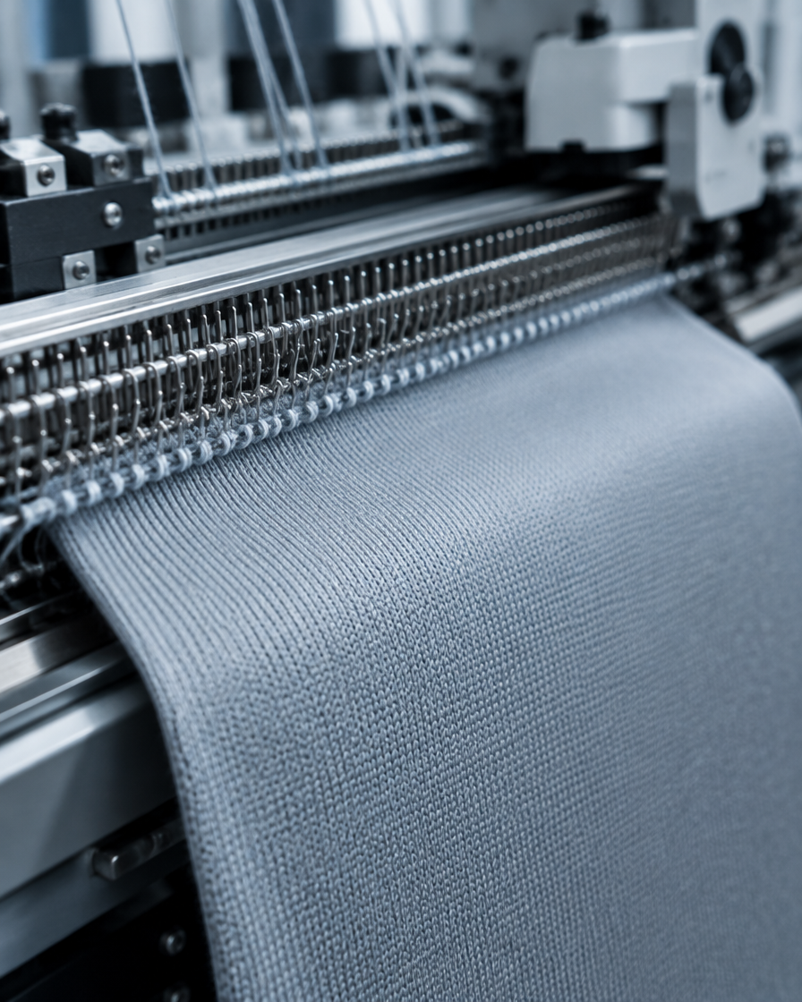 Close-up of a flat dense knit being formed on a modern knitting machine, smooth cool-toned surface.