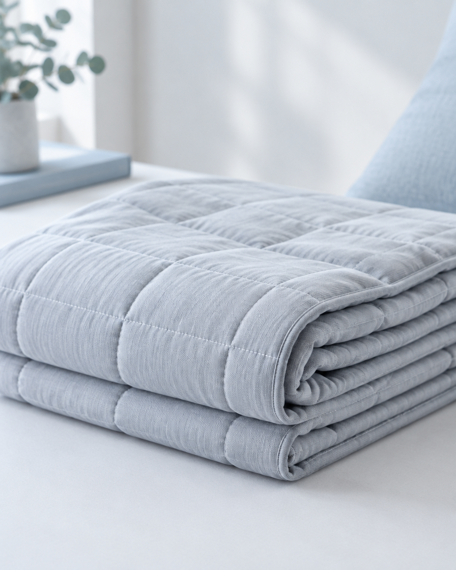A folded pale grey cooling blanket on a clean pale surface in bright even daylight.