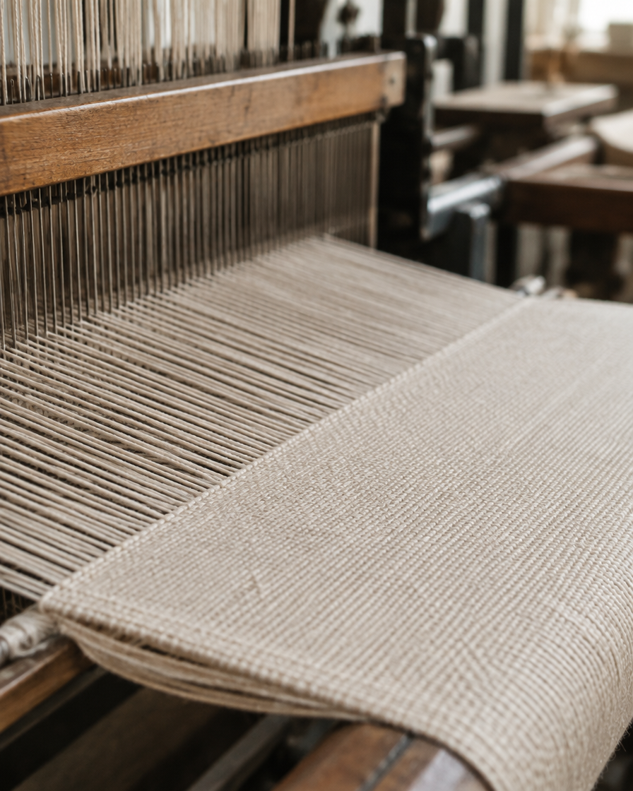 Close-up of cotton yarn on a loom, weaving a smooth even plain-weave fabric.