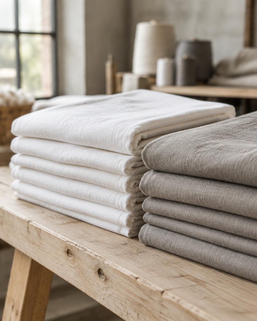 Folded stacks of pre-washed white and stone-grey cotton fabric on a pale wooden bench.