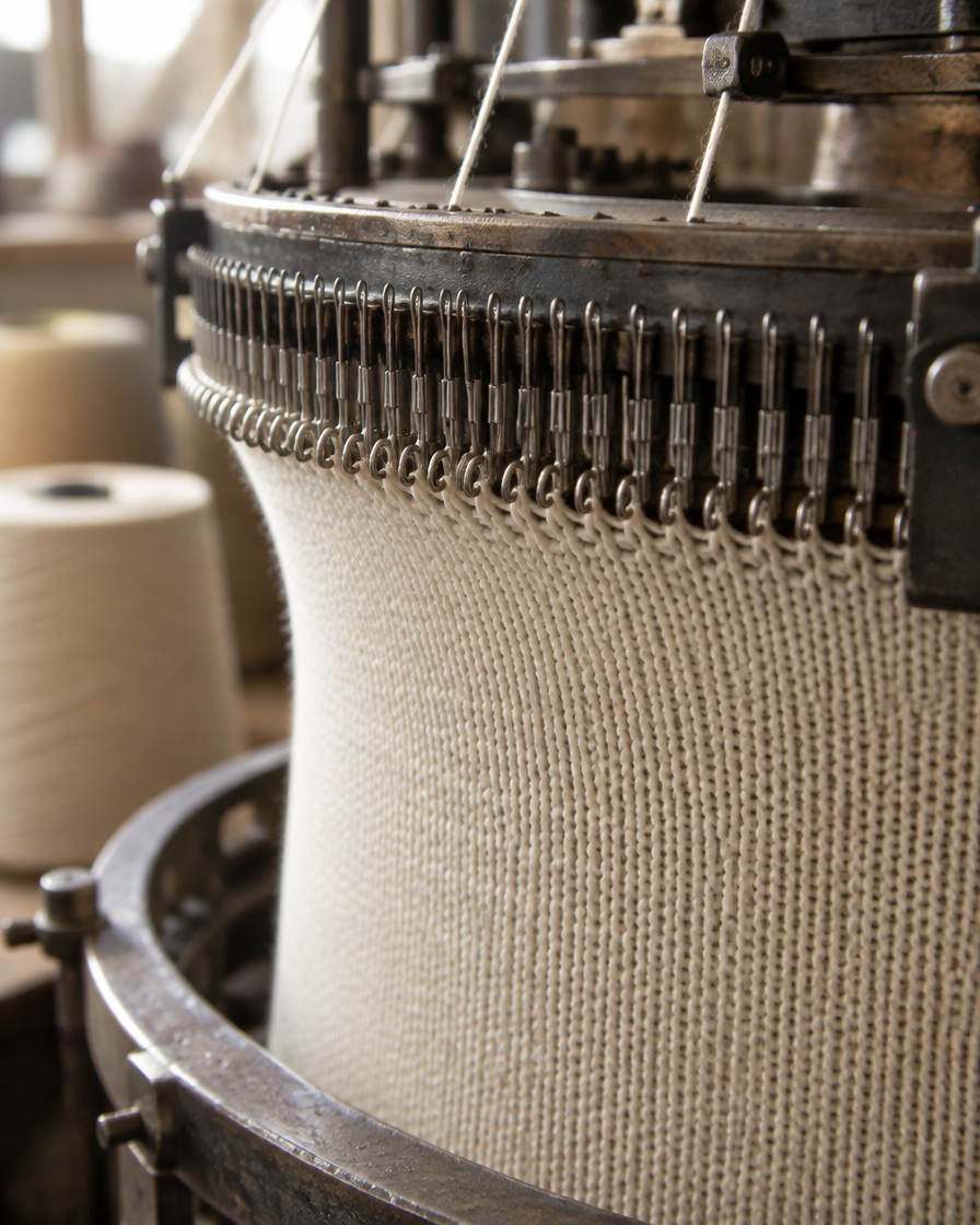 Close-up of fine cream yarn being knitted into a dense fabric base on a circular knitting machine.
