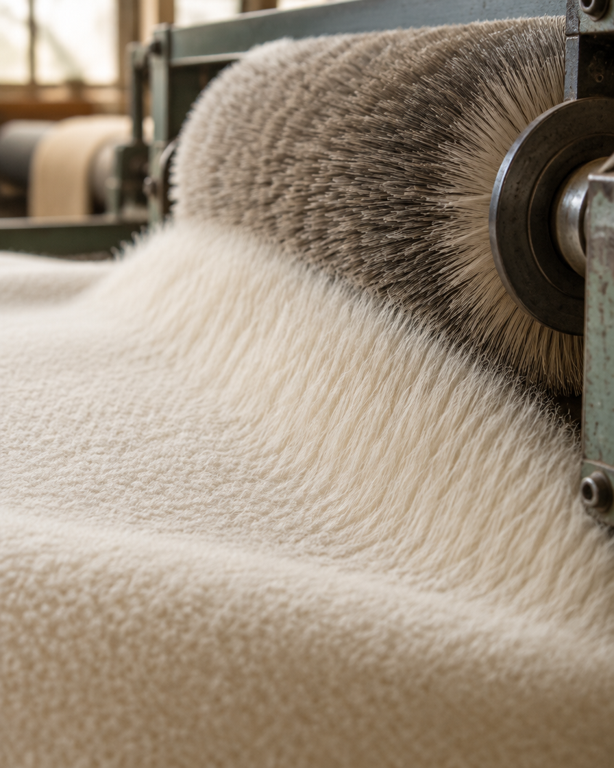 Close-up of a textile brushing roller raising a long soft pile on cream fleece fabric.