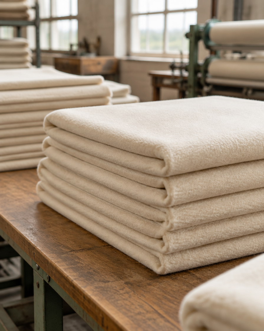 Neatly folded stacks of finished cream fleece fabric on a workshop table, even sheared surface.