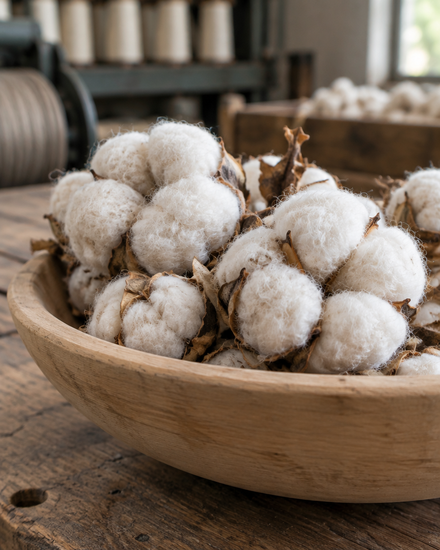 Close-up of raw white cotton bolls in a shallow pale wooden bowl on a workbench.