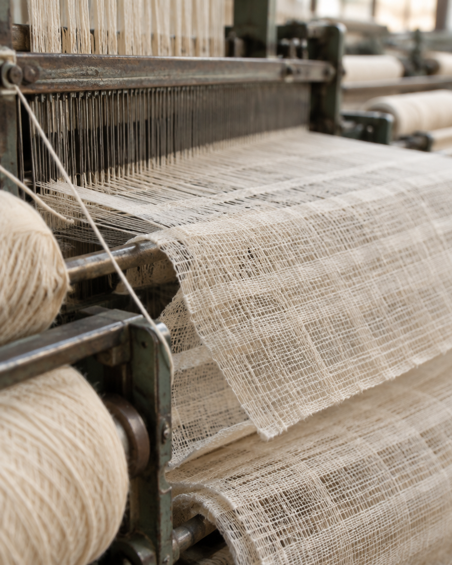 Close-up of cream cotton yarn running through a loom weaving an open multi-layer muslin gauze.