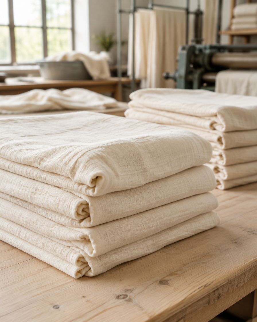 Folded stacks of freshly washed cream muslin fabric on a pale wooden table in a finishing workshop.