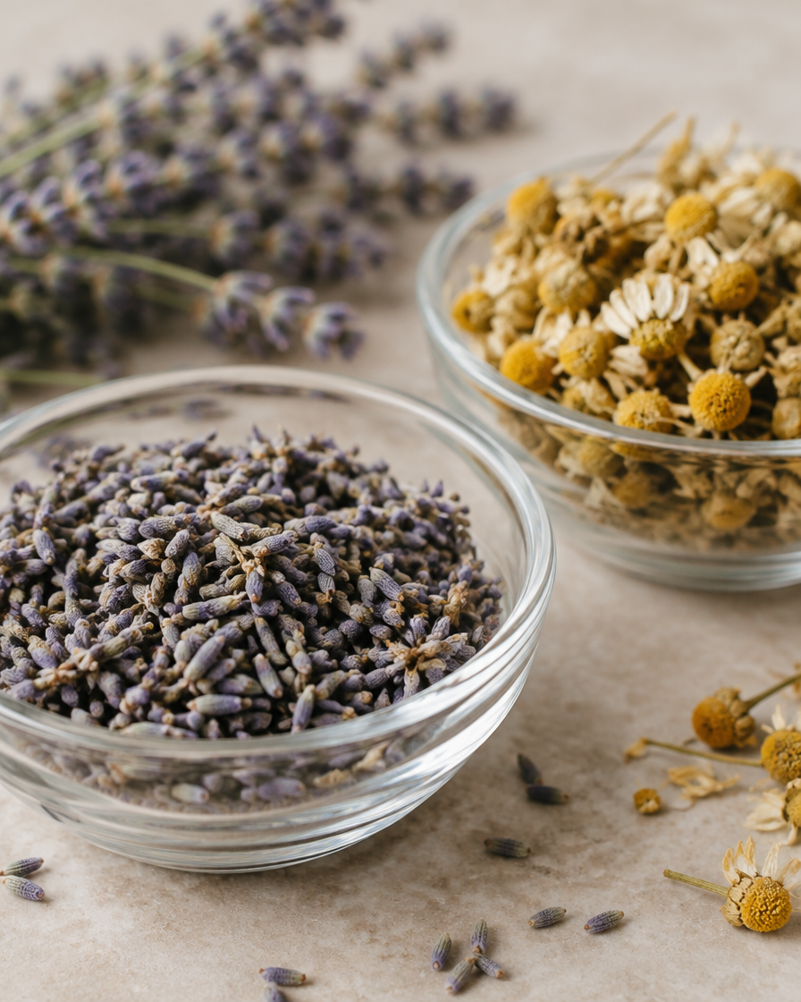 Close-up of dried lavender and chamomile in small glass dishes on a pale surface.