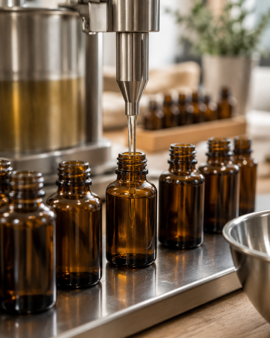 Close-up of small amber glass bottles being filled in a clean small-batch workshop.