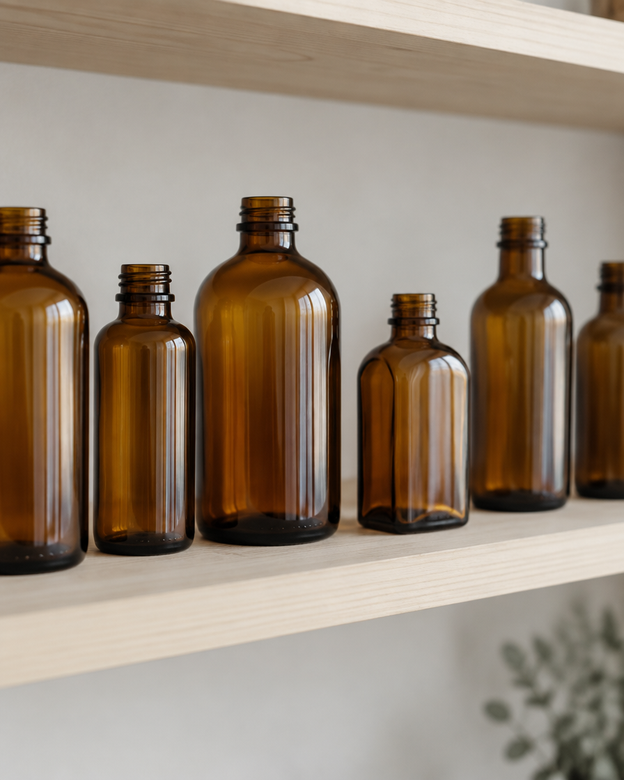 Finished amber glass bottles lined up on a pale wooden shelf, soft even daylight.