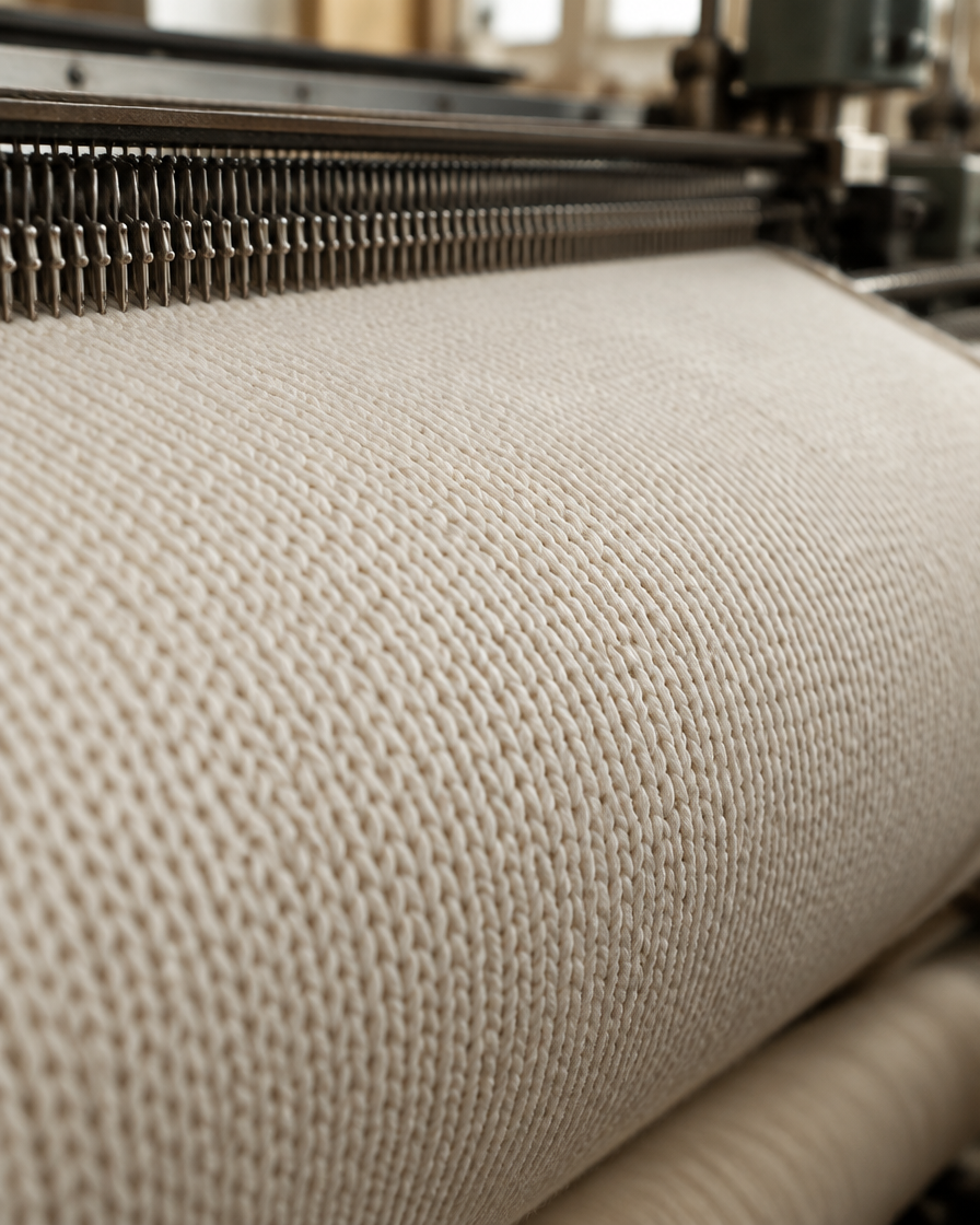 Close-up of a dense knitted ivory base fabric on a machine before brushing.