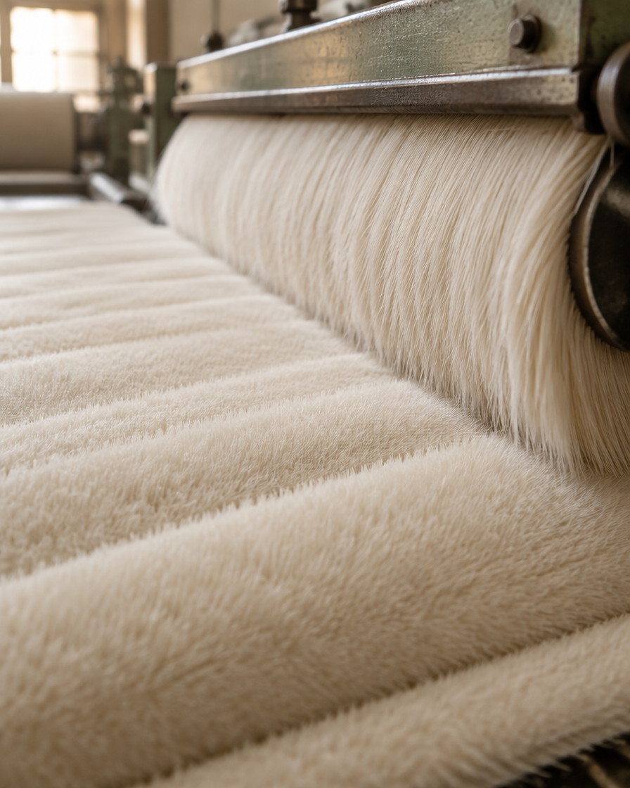 Close-up of repeated brushing raising a long even ivory plush pile on fabric.