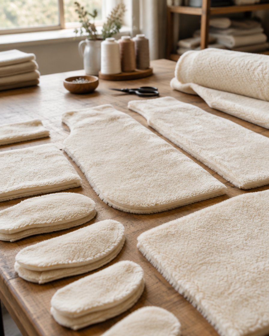 Cut ivory plush panels laid out neatly on a workshop table ready to be sewn.