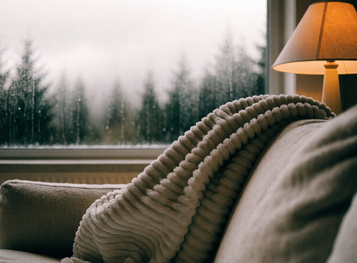 A cream ribbed fleece blanket over a sofa arm beside a lamp, with rain on the window and evergreen forest beyond